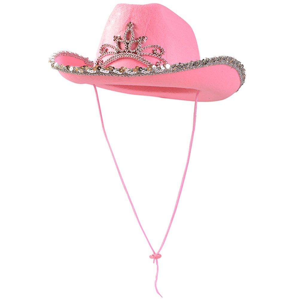 Funny Party Hats - Pink Cowgirl Hat With Blinking Tiara - Childrens Party Hat - Girls Cowboy Hat - Rodeo Princess - Texas Rancher Style - Halloween &