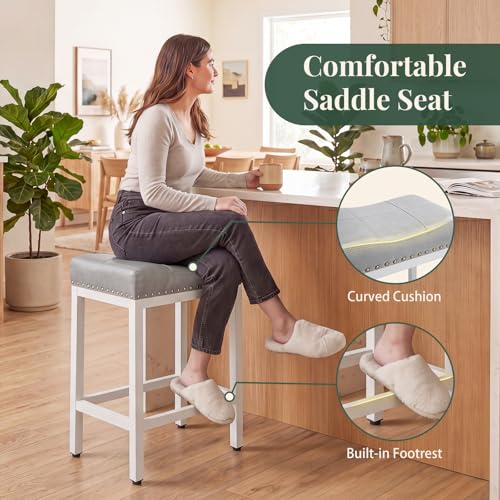 Image of 24 Inch Bar Stools Set of 2, PU Leather Counter Height Stools | Upholstered Modern Saddle Barstools with Metal Base and Footrest for Home Bar, Small Apartment, Grey