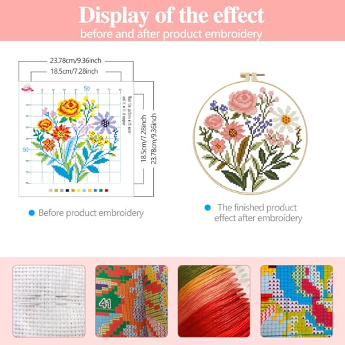 Image of Zhenqing Pink Floral Bouquet Cross Stitch Kit for Beginners - 11CT 24x24cm Pre-Printed Pattern with Embroidery Hoop, Threads & Tools(70517)