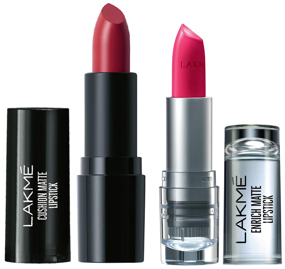 Image of LAKME Enrich Matte Lipstick Shade PM15, Moisturizing Matte Lip Colour with Vitamin E - Non Drying, Creamy Matte Bullet Lipstick, Matte Finish, 4.7g & Lakme Cushion Matte Lipstick, Red Wine, 4.5 g