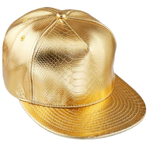 Sportmusies PU Leather Flat Brim Baseball Cap, Adjustable Hip-pop Snapback Hat, Sun Protection Outdoor Sport Caps, Gold