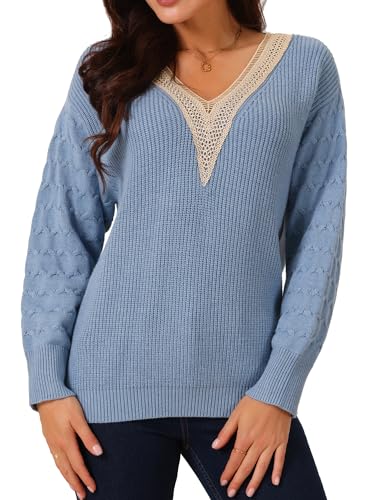 Women's Long Sleeve Sweaters Lace V Neck Knit Winter Outfits Drop Shoulder Pullover Sweater Small Blue