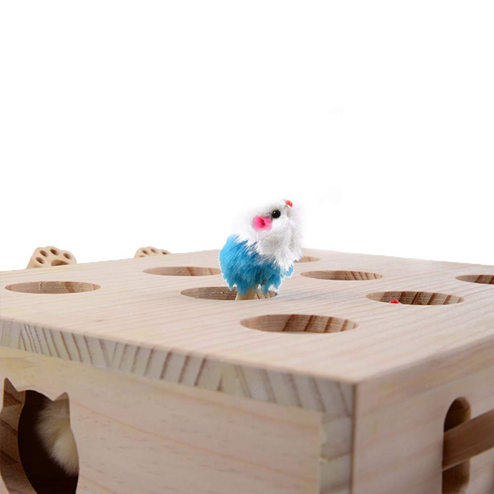 DjfLight Interaktives Haustier Katzenspielzeug, Holz, Spielzeug, Maulwurf Maus, Puzzle Box mit süßen Cartoon Spielzeugen für Katzen, Jagd, Spielen, Trainieren, Kratzen – 8 Löcher,A