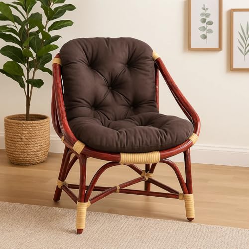 Image of IRA Living Wooden Rattan Arm Chair for Living Room | Single Seater Wooden Cane Chair with Cushion | Handcrafted Natural Wood Armchair for Home, Balcony, Lounge (Brown)