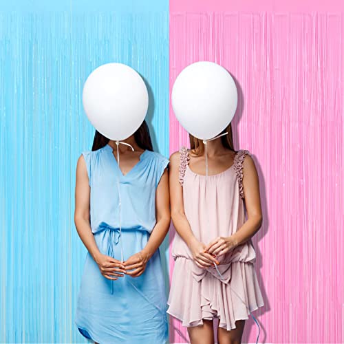 Image of 4 Pack 3.2Ft x 9.8Ft Pink Blue Fringe Curtain Backdrop, Metallic Tinsel Foil Fringe Streamers Curtains Background for Photo Booth Wedding Gender Reveal Backdrop Boy or Girl Birthday Party Decoration