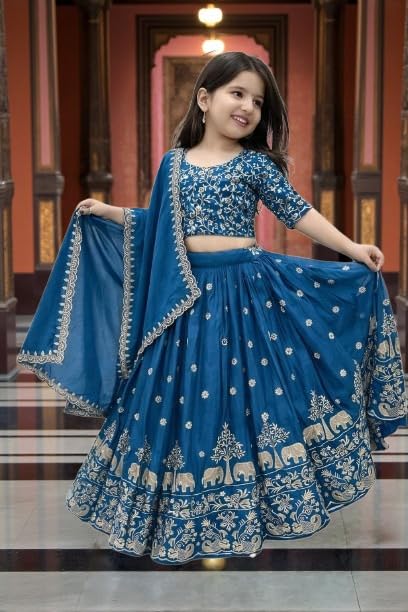 Image of Kids Chiffon Lehenga Choli, Embroidered Elephant and Floral Print, Festive Ethnic Wear with Dupatta