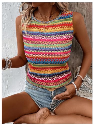 Women's Boho Tank Tops 2024 Causal Summer Sleeveless Vest Tops Geo Print Crewneck Shirts3