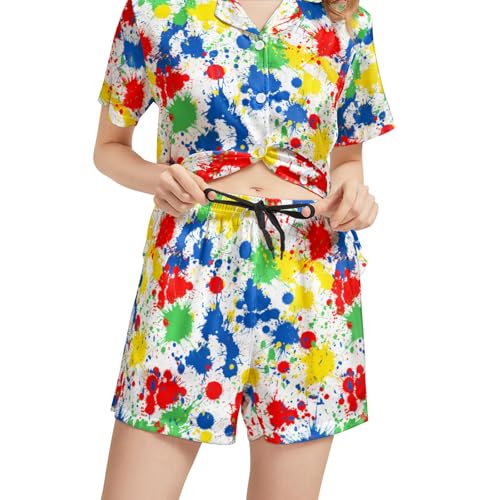 Image of Silk Satin Pajama Set for Women Summer Lounge Pjs Sets 2 Piece Suit Ladies Button Down Tops And Shorts Sleepwear