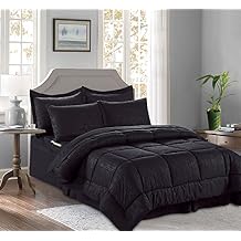 Luxury Best, Softest, Coziest 8-Piece Bed-in-a-Bag Comforter Set - Elegant Comfort - Silky Soft Bamboo Pattern Complete Set Includes Bed Sheet Set with Double Sided Storage Pockets, Full/Queen, Black