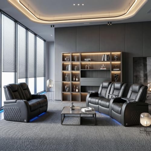 Image of Weilianda 2 Pieces Top Grain Leather Electric Reclining Living Room Set | Zero Gravity Power Recliner Sofa Furniture Set, Includes Loveseat(1) and 3-Seat Sofa(1), Black
