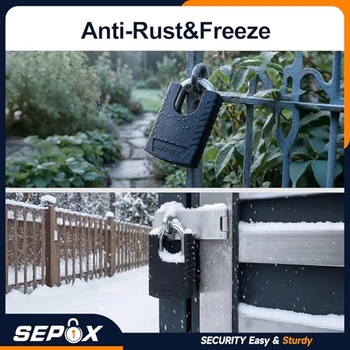 Image of SEPOX Heavy Duty Outdoor Padlock with 2 Keys - 3-3 /16 inch (80mm) Weatherproof Rustproof Lock for Gate, Fence, Shed, Toolbox - Black 3PCS