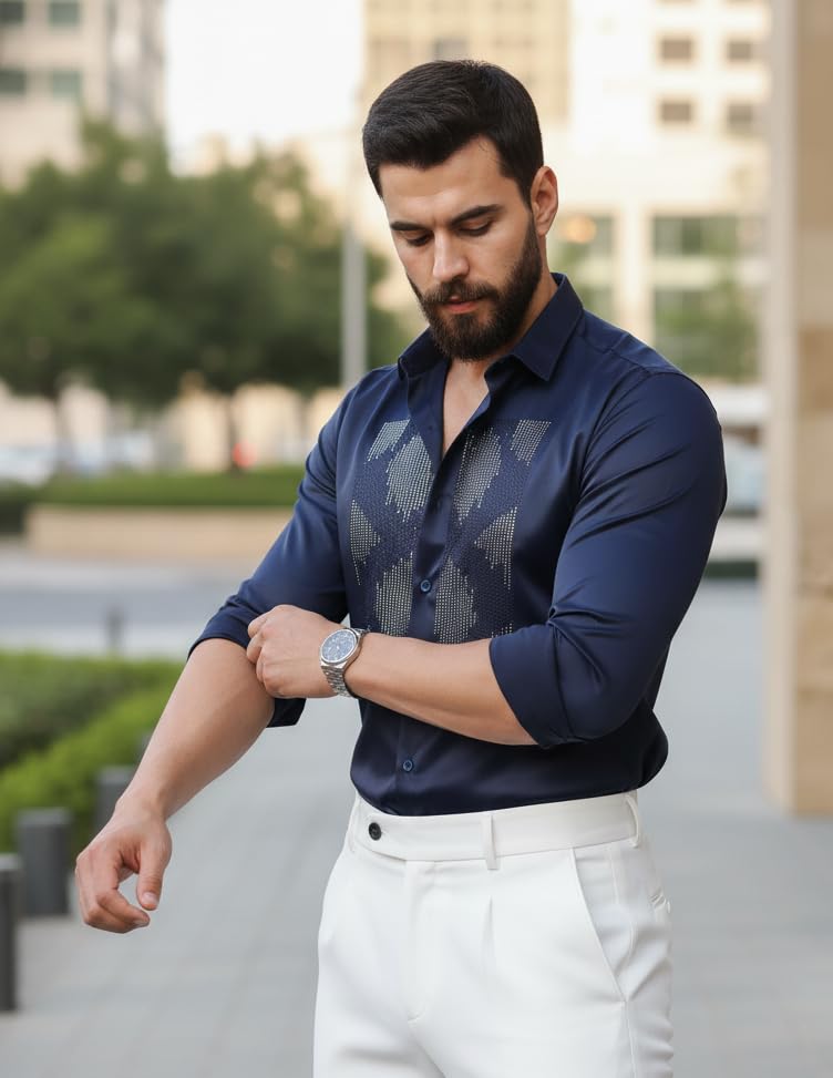 Image of IndoPrimo Men's Satin Shirt for Party, Formal and Casual Wear - Stylish and Trendy Designer Full Sleeve Shirt for Men