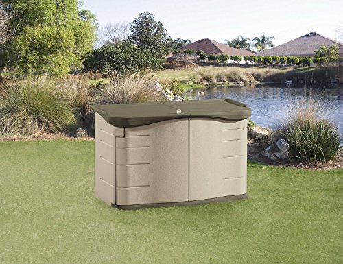 Image of Rubbermaid Split-Lid Resin Weather Resistant Outdoor Garden Storage Shed, Olive and Sandstone