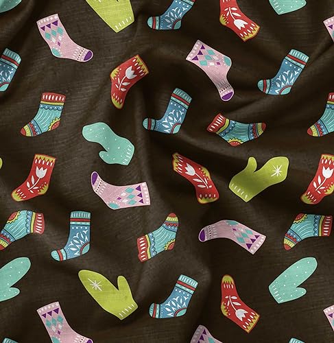 Image of Soimoi Brown Moss Georgette Fabric Socks & Gloves Folk Art Fabric Prints By Meter 42 Inch Wide