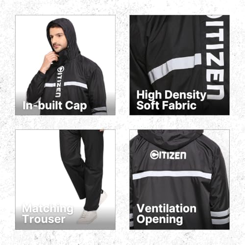 Image of Citizen Raincoat for Men with Adjustable Hood, Waterproof Pant and Carry Pouch | Reflective Strips Standard Length| Double Layered Tapping Rubberized Fabric | Durable & Lightweight Rainsuit