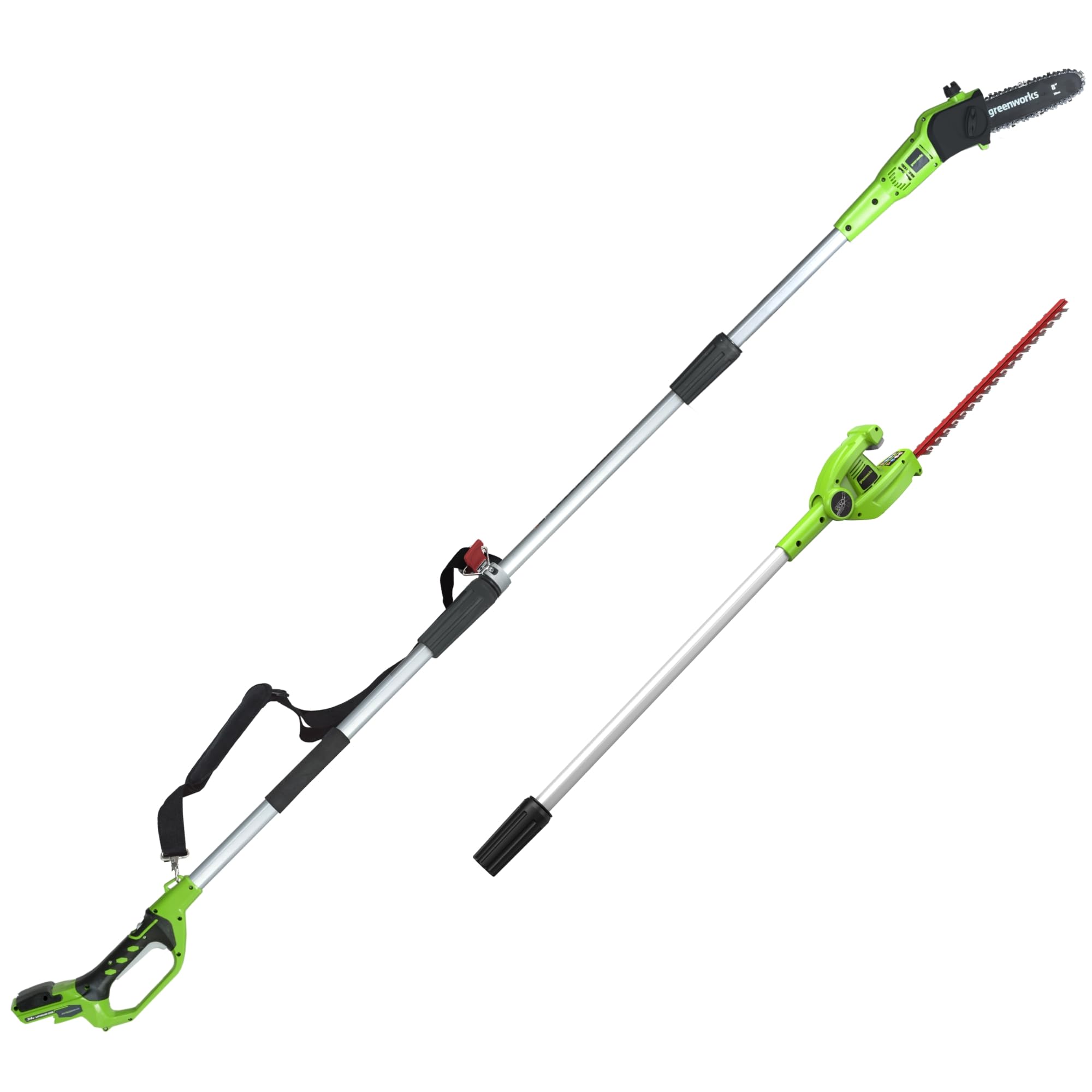 Greenworks G24PSH Sega e Tagliasiepi ad Asta a Batteria 2 in 1 con Tracolla, Barra della Sega ad Asta 20cm, Lame Tagliasiepi 51cm a Doppia Azione SENZA Batteria 24V e Caricabatterie, Garanzia 3 Anni