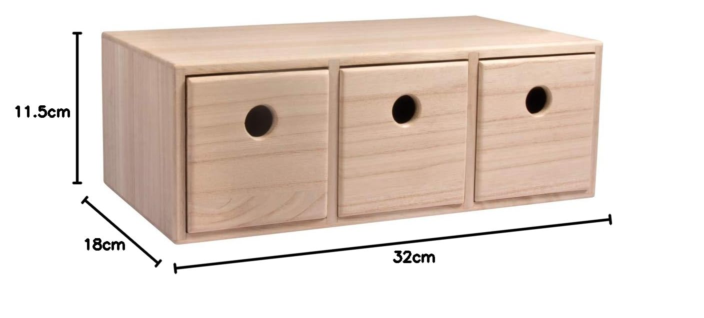 Rayher Cassettiera Mini In Legno con 3 Cassetti, Legno Naturale Non Trattato, 32 x 18 x 11.5 cm, per Piccoli Oggetti, Cancelleria, da Colorare e Decorare, 62909505