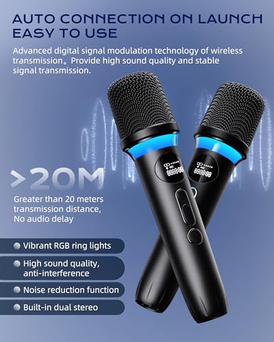 Image of Karaoke Machine,IPX5 Waterproof Portable Bluetooth 5.3 Speaker with 2 Wireless Microphones for Adults & Kids,60W PA System Supports TWS /TF Card /USB /AUX /Live for Home Party-Black