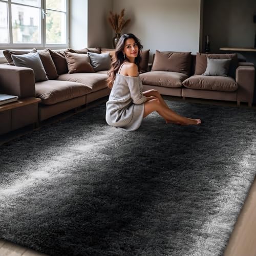 HOMORE Living Room Rugs 8x10 Area Rug forBedroom, Fluffy Shaggy Rugs for Living Room, Gradient Abstract Rugs for Kids Boys Girls Room, Plush Rug for Dorm Home Floor Decor, Black and White