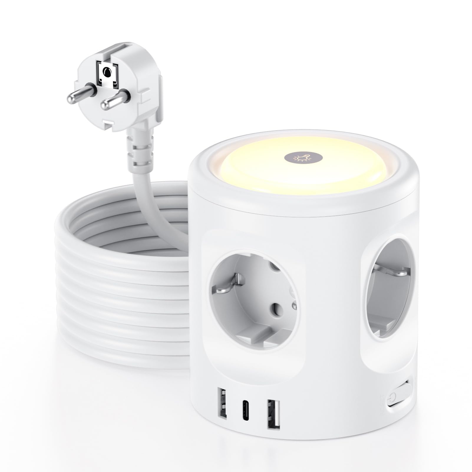 3M Ciabatta Multipresa con Luce, Ciabatta a 4 Scomparti con 3 USB, Multipresa Elettrica con Interruttore, Presa Multipla a Cubo 3 Modalità di Illuminazione 16A, per Casa, Ufficio F(Schuko)