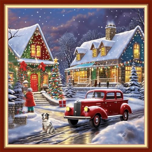 Image of Funxvoot Stamped Cross Stitch Kits Beginners Full Range of Embroidery Kits for Adults 11CT Embroidery Patterns Needlepoint Kits Printed Cross Stitch Kits - (Christmas Snow Scenery 18x18 inchs)