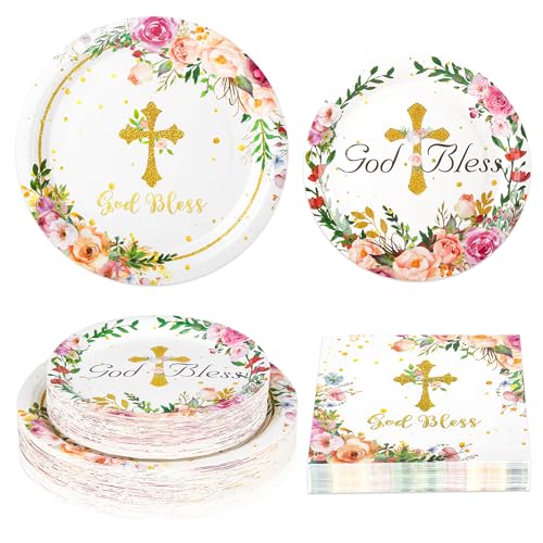 Purhapfre 150Pcs First Communion Plates Napkins Sets Baptism Paper Plates Disposable God Bless Plate and Napkins Girl Boy Christening Party Supplies for First Communion Baptism Party Decor Serve 50
