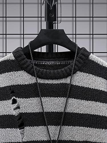 SHENHE Men's Striped Pattern Knit Pullover Ripped Drop Shoulder Sweater3