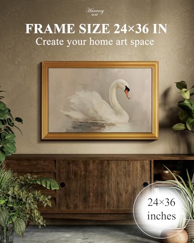 Image of HUARCEY Gold Framed Vintage Wall Art for Living Room, Animals Painting Prints Shelf Decor for Kitchen, Aesthetic Bedroom Wall Art, Best Gifts for Friends or Family - Swan White 36L x 24W