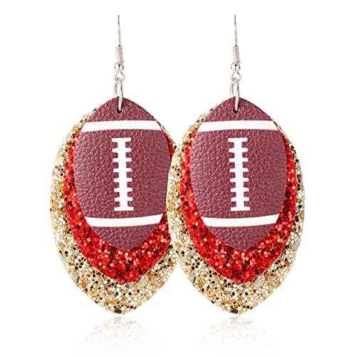 Football Earrings for Women Handmade Lightweight Layered Teardrop Faux Leather Glitter Rugby Earrings Sports Lover Jewelry Gift