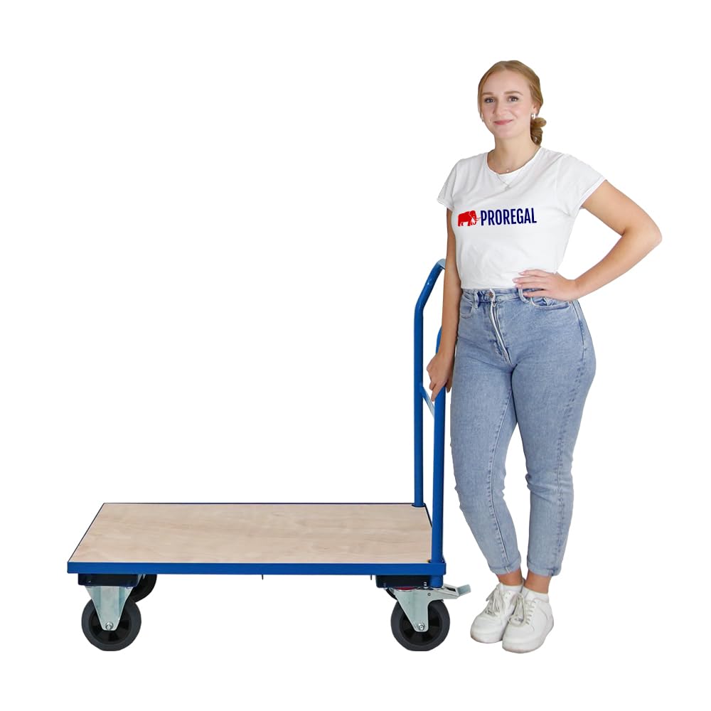 PROREGAL Transportwagen Handwagen Materialwagen | HxBxL 102x60x98cm | Traglast 450kg | Vollgummibereifung, 2x Lenkrollen mit Feststellbremse & 2x Bockrollen | Lichtblau | Plattformwagen Transporthilfe