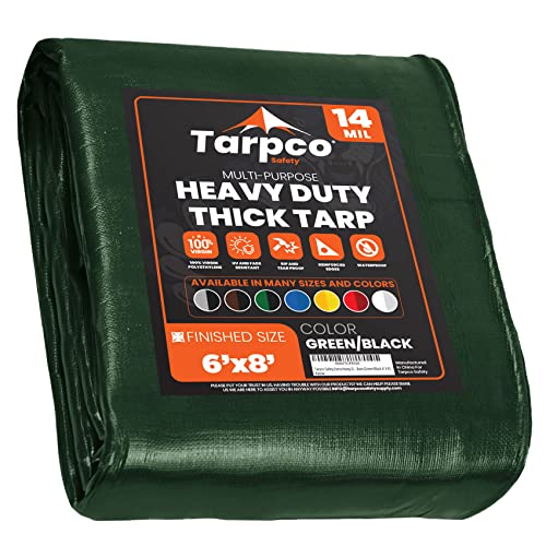 Image of Extra Heavy Duty 14 Mil Tarp Cover, Waterproof, UV Resistant, Rip and Tear Proof, Poly Tarpaulin with Reinforced Edges for Roof, Camping, Patio, Pool, Boat (Green /Black 6′ X 8′)