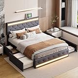 Cama tapizada de 160 x 200 cm con función de carga USB y cabecero LED y 4 cajones, estructura de cama doble, cama con somier de láminas de madera (4 cajones, gris oscuro-A, 160 x 200)