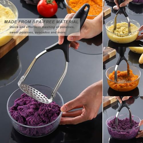Image of Heavy-Duty Stainless Steel Potato Masher with Ergonomic Non-Slip Handle, Professional Handheld Vegetable Masher for Potatoes, Pumpkin, Carrots, Sweet Potatoes, Baby Food (Pack of 1, Black)