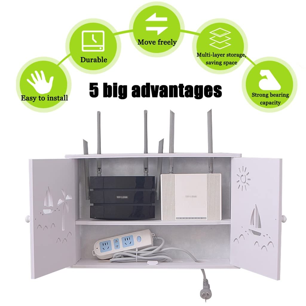 Generico Mensola portaoggetti da Parete Bianca per Router WiFi, Scatola portacavi in Legno, Supporto per Cavi di Alimentazione, 48x11x31,5 cm - Elegante Arredamento per la casa e salvaspazio