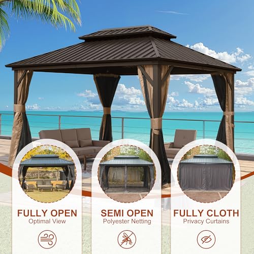 Osparple 12 x 14 FT Hardtop Gazobo, Aluminum Metal Canopy with Double Galvanized Steel Roof, Outdoor Gazebo with Netting and Curtain for Backyard, Party, Wedding, Outdoor Dining - Brown - Image 3