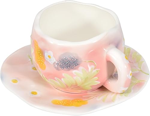 Koythin Taza de café de cerámica con platillo, bonita taza única hecha a mano para mujeres para la oficina y el hogar, apta para lavavajillas y