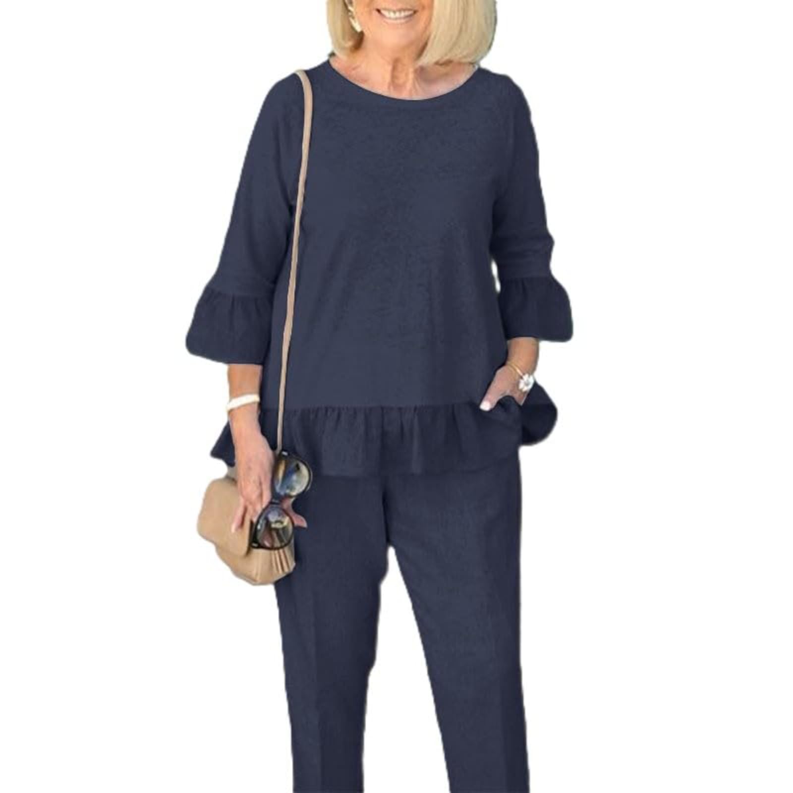 Linen Sets For Women 2 Piece Dark Blue Lounge Sets Casual Loose Oversize Ruffled Cropped Pants Suit Spring