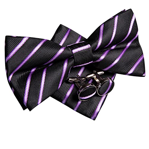 Image of Hi-Tie Black Purple Pre-Tied Bowties for Men Silk Clip On Striped Mens Bowtie Pocket Square Cufflinks Set for Wedding