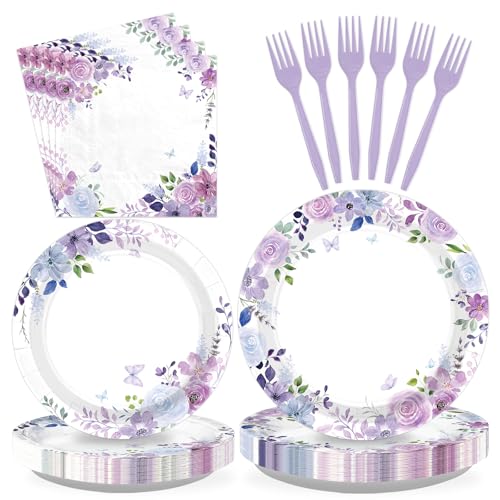 96Pcs Purple Floral Party Decorations for Bridal Shower, Serves 24