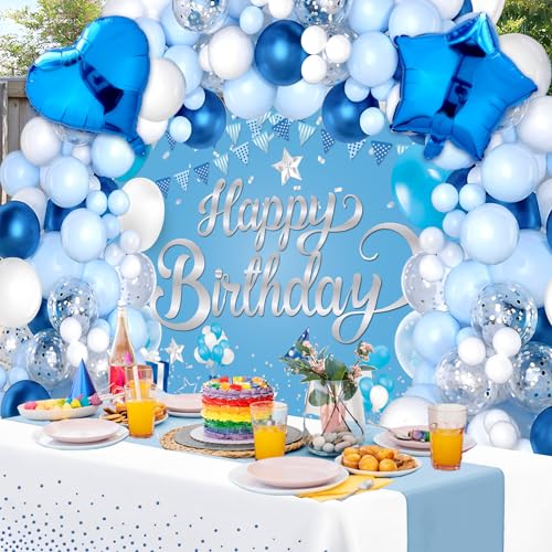 Light Blue Birthday Party Decorations Light Blue Party Decoration Backdrop Banner with Heart Star Foil Balloons Tablecloth Happy Birthday Party Supplies for Boys Girls Men Women Bday Celebration by Woosytoo - Used condition - Image 5