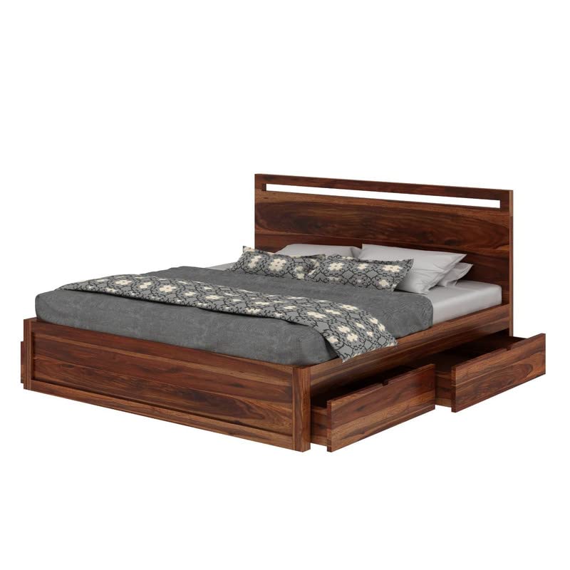 Image of Solid Sheesham Wood King Bed with Storage 4 Drawer Single Cut Design for Bedroom - Honey Finish