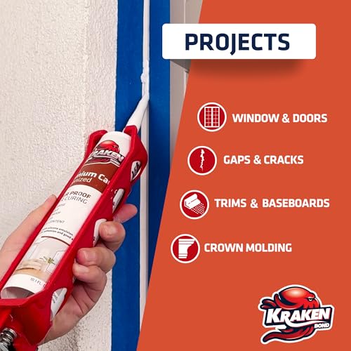 Image of Kraken Bond Premium All Purpose Acrylic Latex Caulk - (1x10.1 fl. oz.) White Paintable Interior and Exterior Window Caulk, Baseboard, Trim, Kitchen and Bathroom - Waterproof, Odorless - 1 Pack