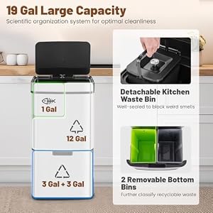 Goplus 19 Gal Stainless Steel Trash Can 72 L Volume in 4 Containers Motion Sensor Trash Bin wKitchen Waste Bin 2 Bottom Recycling Bins Touchless Garbage Can wSoft Close Lid Battery Operated