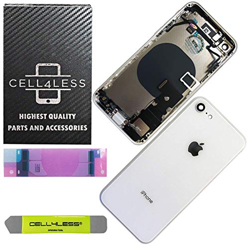 CELL4LESS Back Housing Complete Assembly Metal MidFrame w/Back Glass - Wireless Charging pad - Sim Card Tray and Camera Frame and Lens for iPhone 8 (White)
