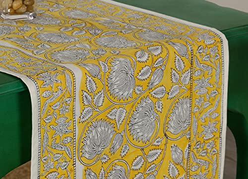 Image of Ravaiyaa - Attitude is everything Cotton Hand Block Printed Table Runner Bed Runner Table Bed Decor (Yellow White Floral)