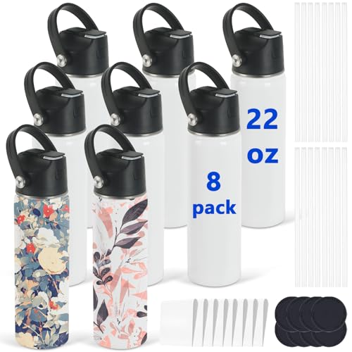 Sublimation Sports Water Bottle Blanks 22 oz Sublimation Tumblers Bulk Stainless Steel Insulated Tumblers with Leak Proof Lid and Portable Handle Individually Boxed (8 Pack)