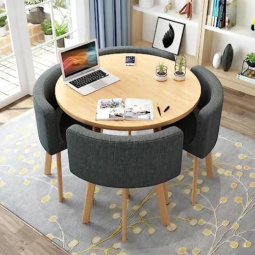 ダイニングテーブル 丸ダイニングテーブルセット4人用ダイニングテーブルいすセット打ち合わせテーブル オフィステーブル 木製 コンパクト室内 アウトドア リビング 店舗 レストラン ビジネス 用 応接セット 4人掛け 5点 (ナチュラル+ディープグレー,丸型