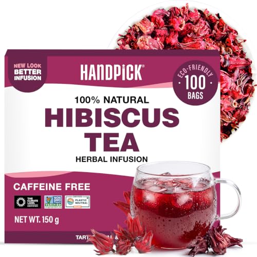 HANDPICK Hibiskustee | 100 Hibiskusblütentee beutel | Koffeinfrei | Aus 100% Reinen Hibiskusblüten | Nicht-GVO