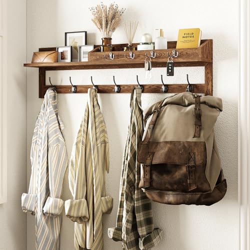 Image of AMBIRD Coat Rack Wall Mount, 35 inch Large Wall Hooks with Shelf, Entryway Shelf with 7 Dual Coat Hooks 4 Key Hooks Mail Organizer, Wooden Coat Hanger and Key Holder Wall Mount