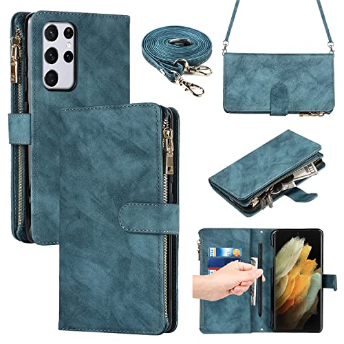 Étui portefeuille Samsung S21 Ultra iCoverCase bleu avec porte-cartes et lanière
